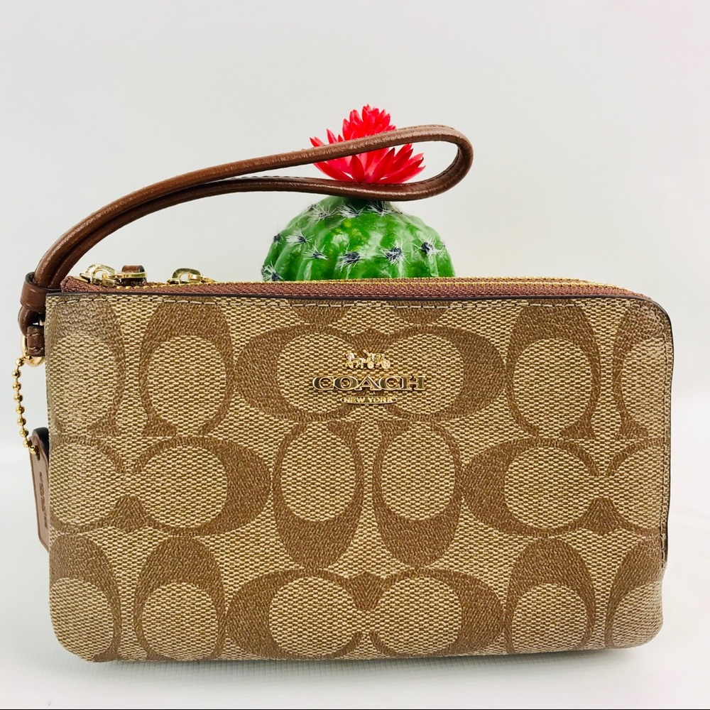 Coach Double Zip Brown Monogram Wristlet Wallet